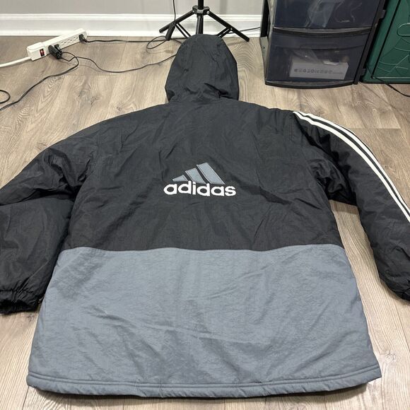 Vintage Adidas Black Gray Winter Hooded Oversized Quilted Jacket Mens Size XL - Picture 9 of 10